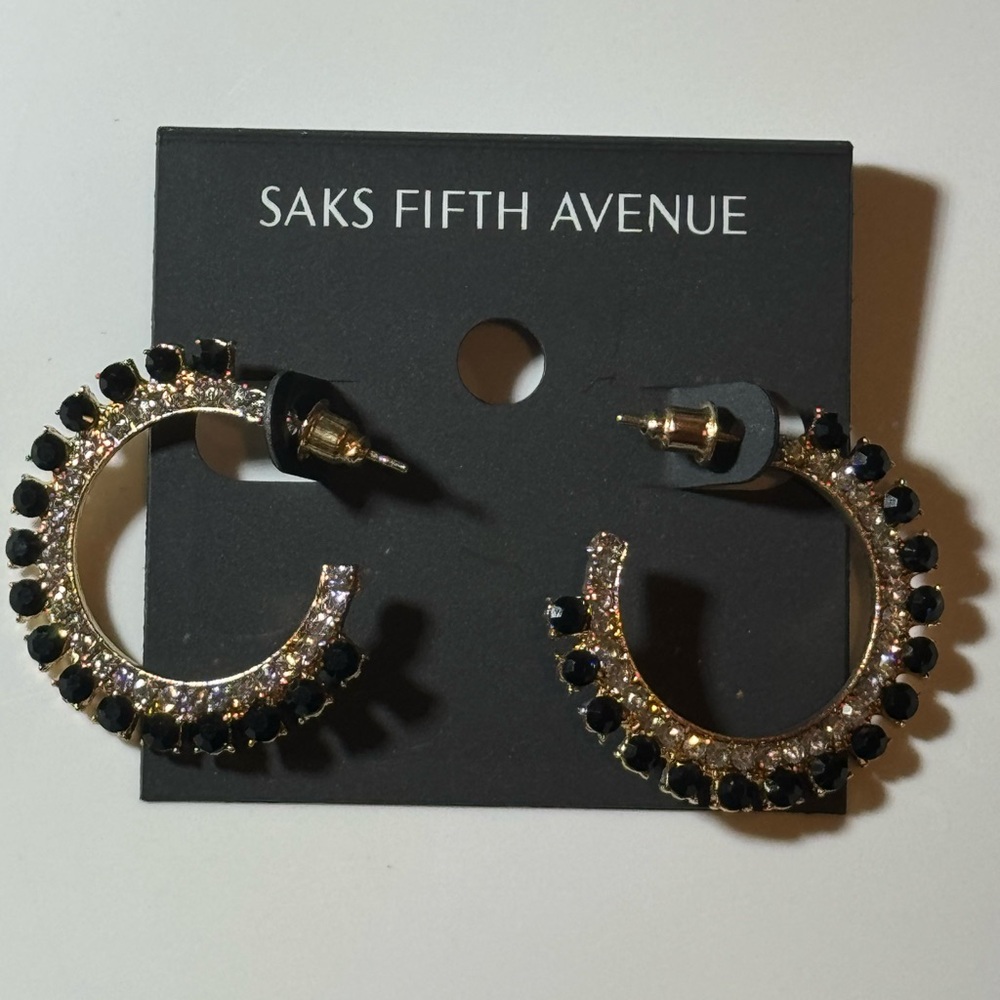 Saks Fifth Ave Gold Tone Black Crystal Open Hoop post Earrings